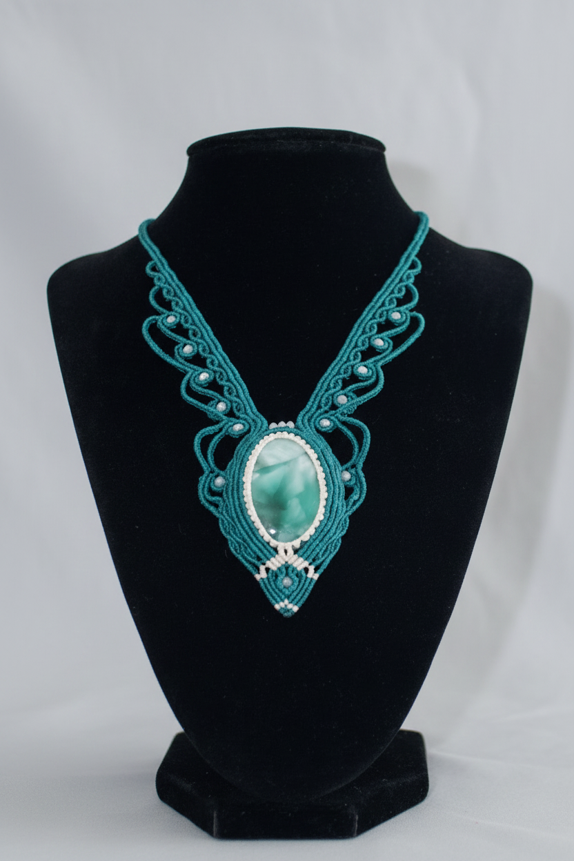 A teal and white macrame necklace with an oval Hemimorphite stone pendant, displayed on a black velvet jewelry bust against a light gray background.