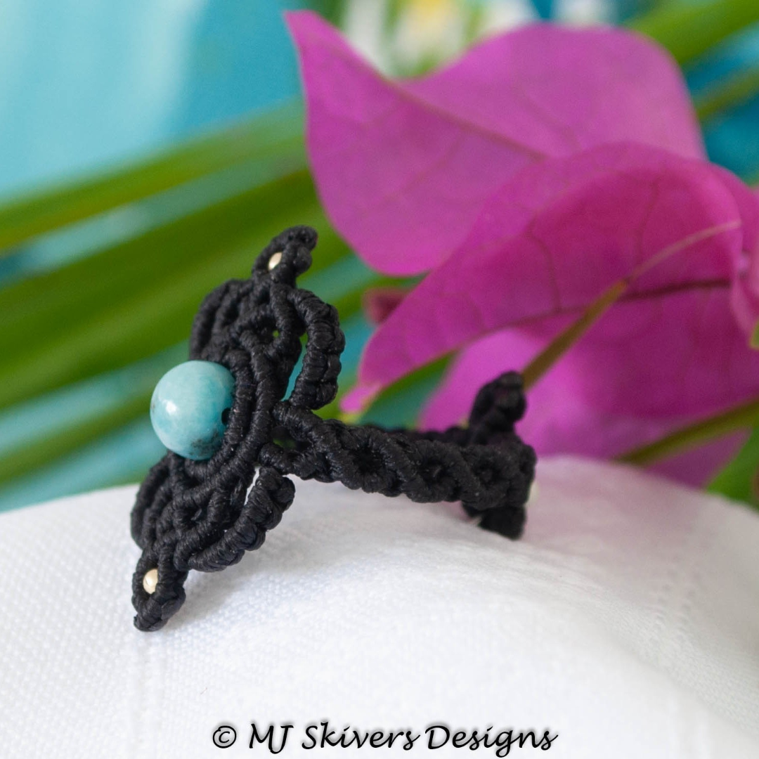 Antique Design Macrame Ring - Black/Amazonite