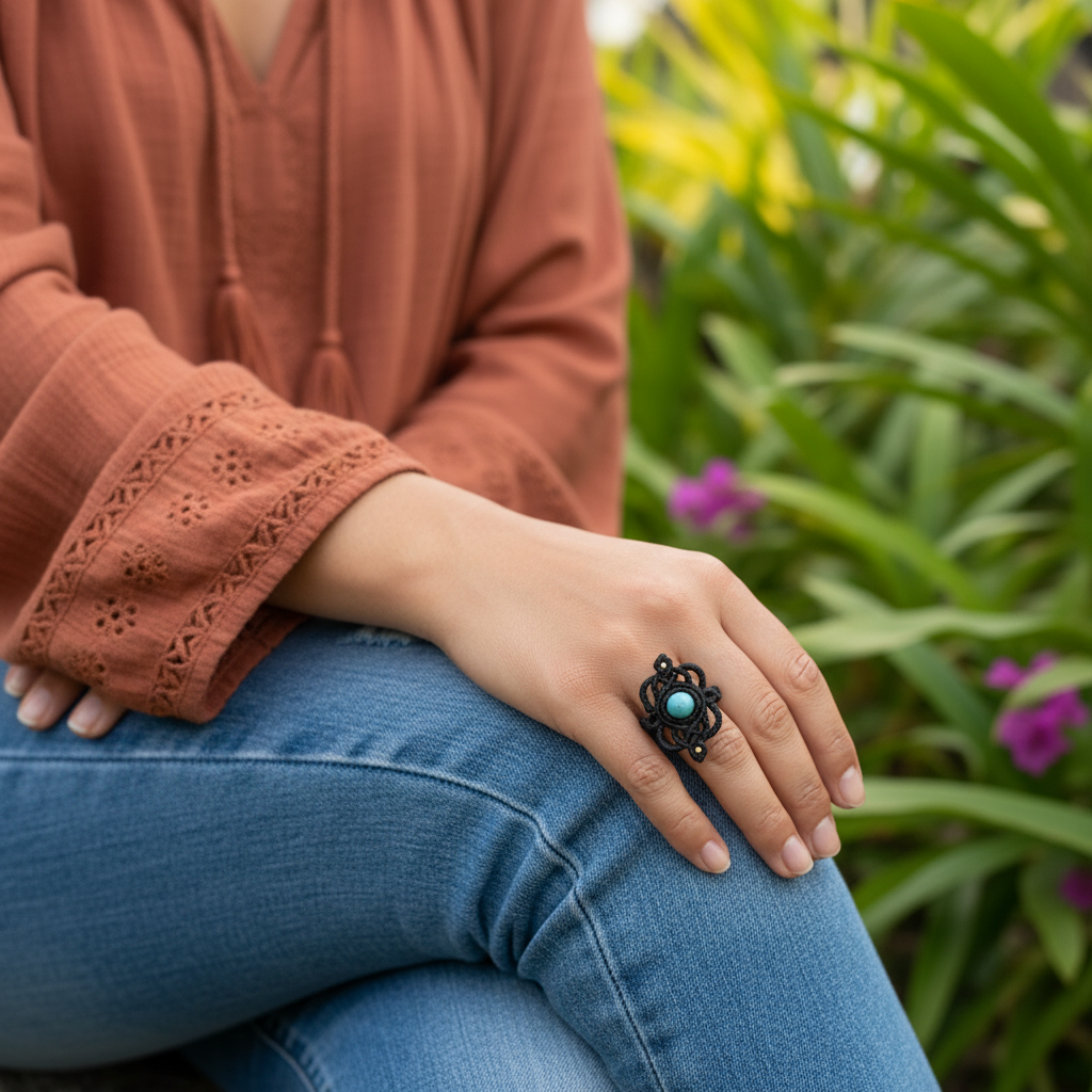 A handmade bohemian macrame ring in black flat waxed nylon cord with an intricate lace-like knotwork design and round Amazonite bead center, worn on a hand resting on a knee, with a woman in a rust boho blouse seated outdoors in a lush garden setting.