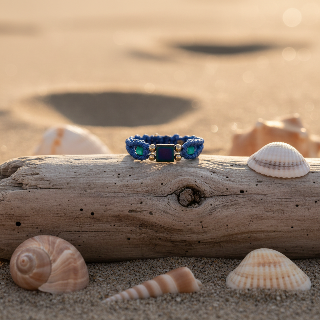 A handmade minimalist periwinkle macrame ring with a Miyuki Tila bead, teal seed beads, and gold brass accent beads, resting on a piece of driftwood surrounded by seashells on a sandy beach at golden hour