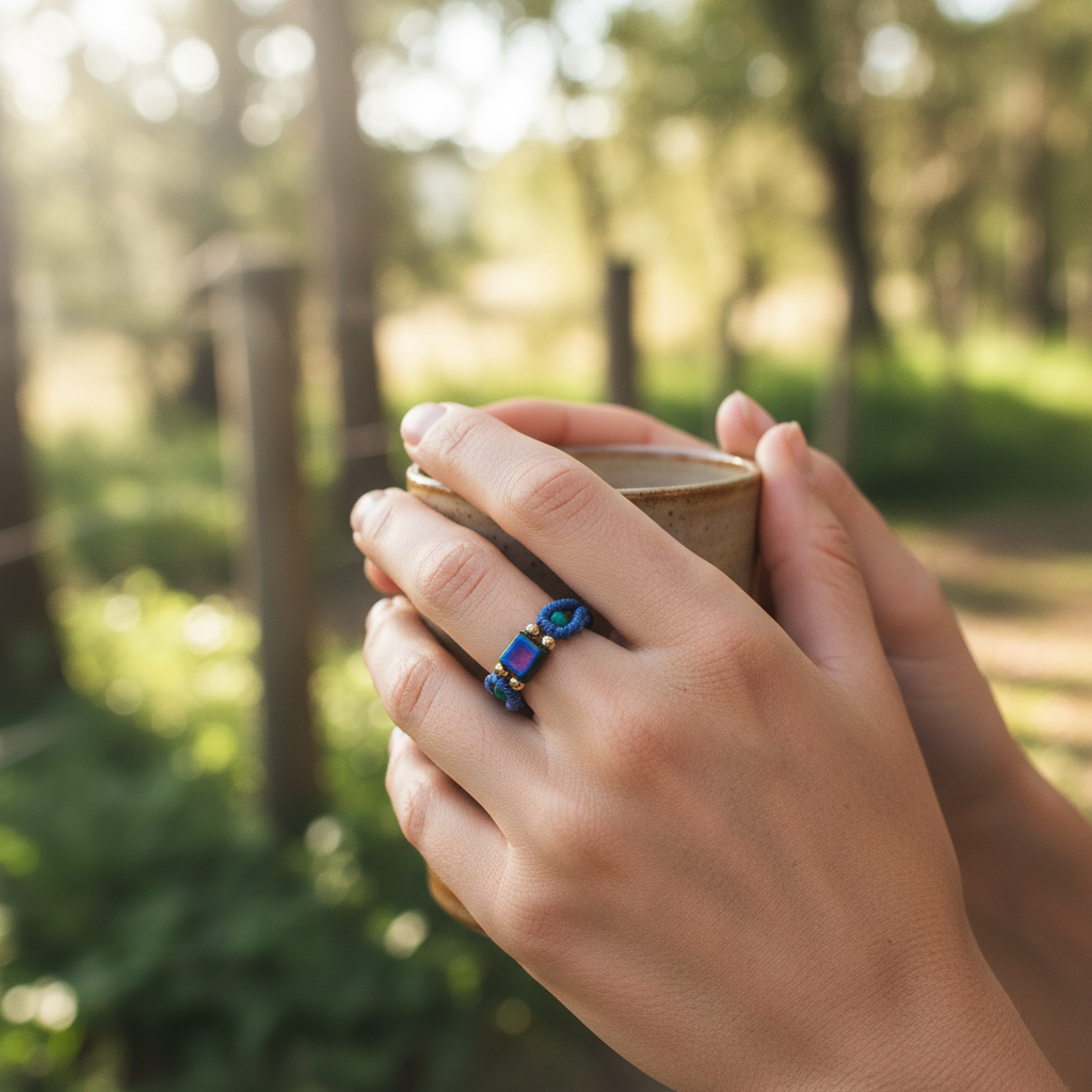 A handmade minimalist periwinkle macrame ring with a Miyuki Tila bead, teal seed beads, and gold brass accent beads, worn on a hand holding a ceramic cup outdoors in a sunlit forest setting