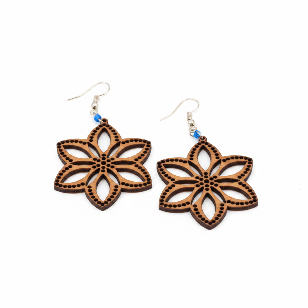 Handmade balsa wood flower earrings with cornflower blue seed beads and silver-tone fish hook wires, displayed on a clean white background.