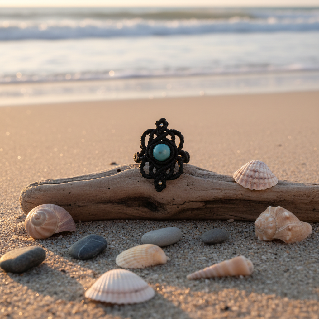 A handmade bohemian macrame ring in black flat waxed nylon cord with an intricate lace-like knotwork design and round Amazonite bead center, resting on driftwood surrounded by seashells on a sandy beach at golden hour.