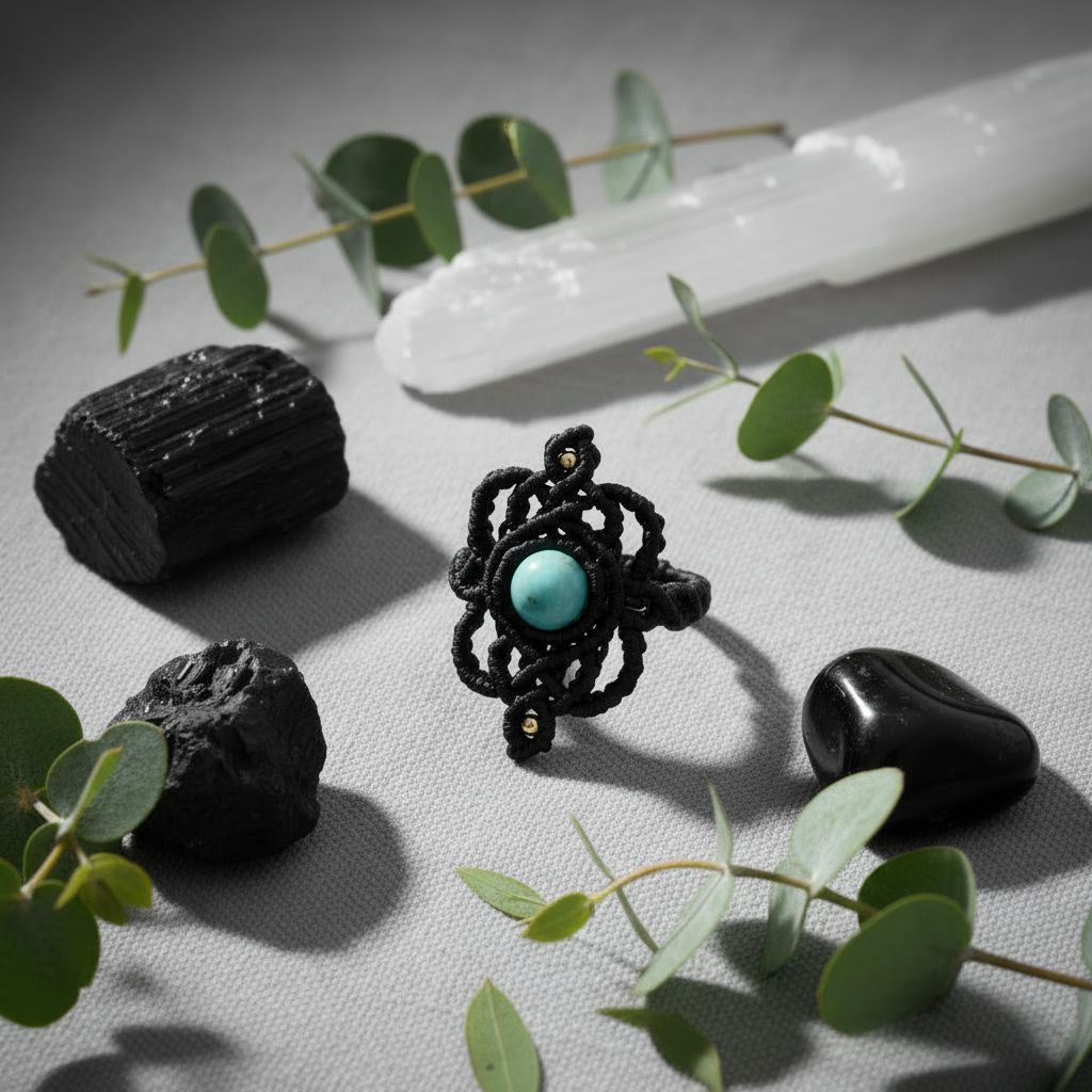 A handmade bohemian macrame ring in black flat waxed nylon cord with an intricate lace-like knotwork design and round Amazonite bead center, displayed on a gray linen surface surrounded by black tourmaline, obsidian, a white selenite wand, and fresh eucalyptus sprigs.