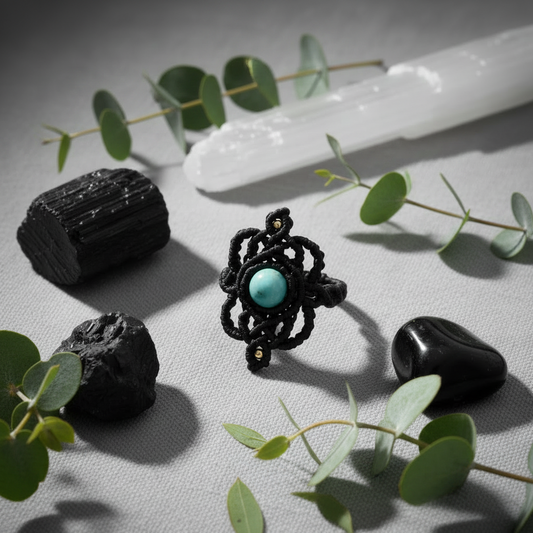A handmade bohemian macrame ring in black flat waxed nylon cord with an intricate lace-like knotwork design and round Amazonite bead center, displayed on a gray linen surface surrounded by black tourmaline, obsidian, a white selenite wand, and fresh eucalyptus sprigs.