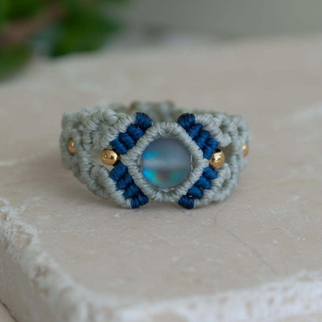An extreme close-up of a handmade two-tone light gray and navy blue macrame cigar band ring showing the frosted iridescent mermaid glass bead with subtle blue shimmer, intricate knotwork, and gold brass accent beads on a white stone surface.