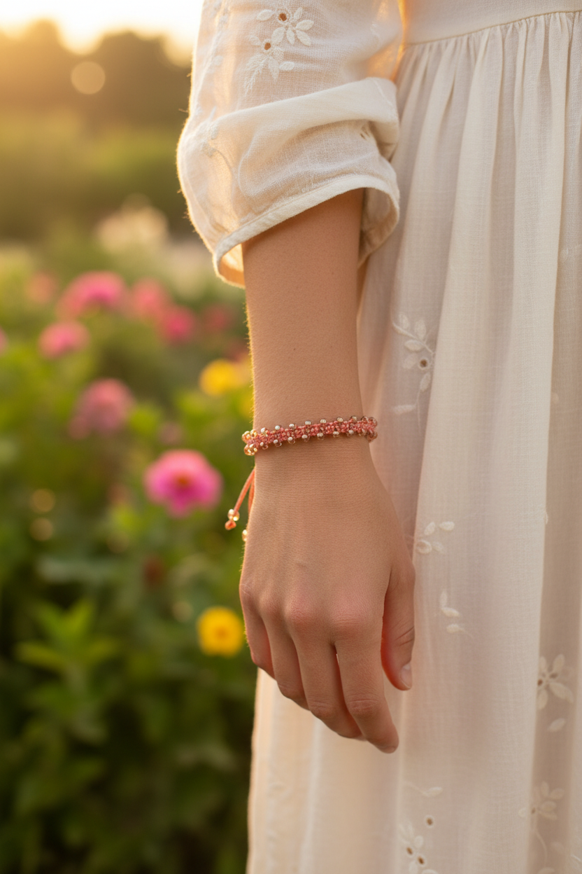 A person wearing a coral macrame bracelet with copper-edged clear seed beads on their wrist, dressed in a flowy light-colored dress, in a sunlit outdoor garden at golden hour.
