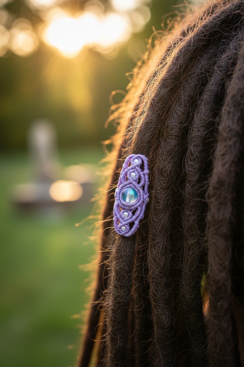 A close-up lifestyle photo of brunette dreadlocks in an outdoor golden hour boho setting with lush greenery, featuring a handmade lavender macrame dreadlock bead with intricate lattice knotwork, a shimmering iridescent mermaid glass bead, and pearlescent white seed beads, fitted on a single loc.