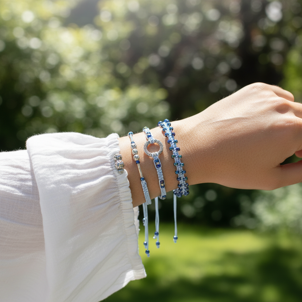 Light blue macrame bracelet stack worn on wrist outdoors, featuring three handmade bracelets with metallic blue seed beads, silver accent beads, and a textured ring charm.