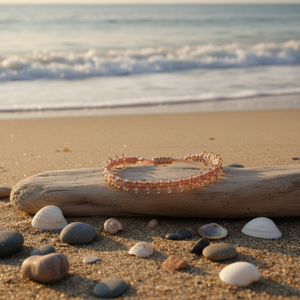 Light Peach Macrame Bracelet Beach Shot