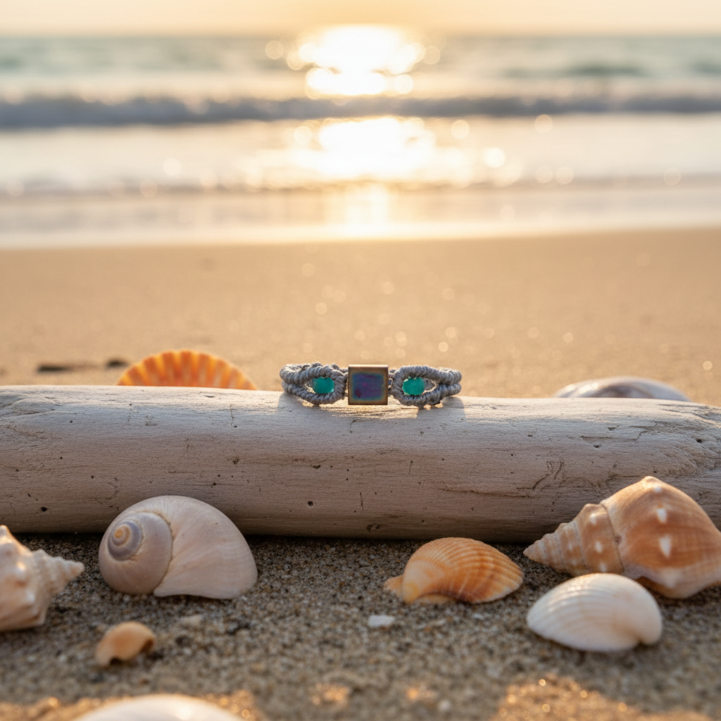 A handmade minimalist gray macrame ring with an iridescent square Miyuki Tila bead at the center and vibrant teal seed beads, resting on a piece of driftwood surrounded by seashells on a sandy beach at golden hour.