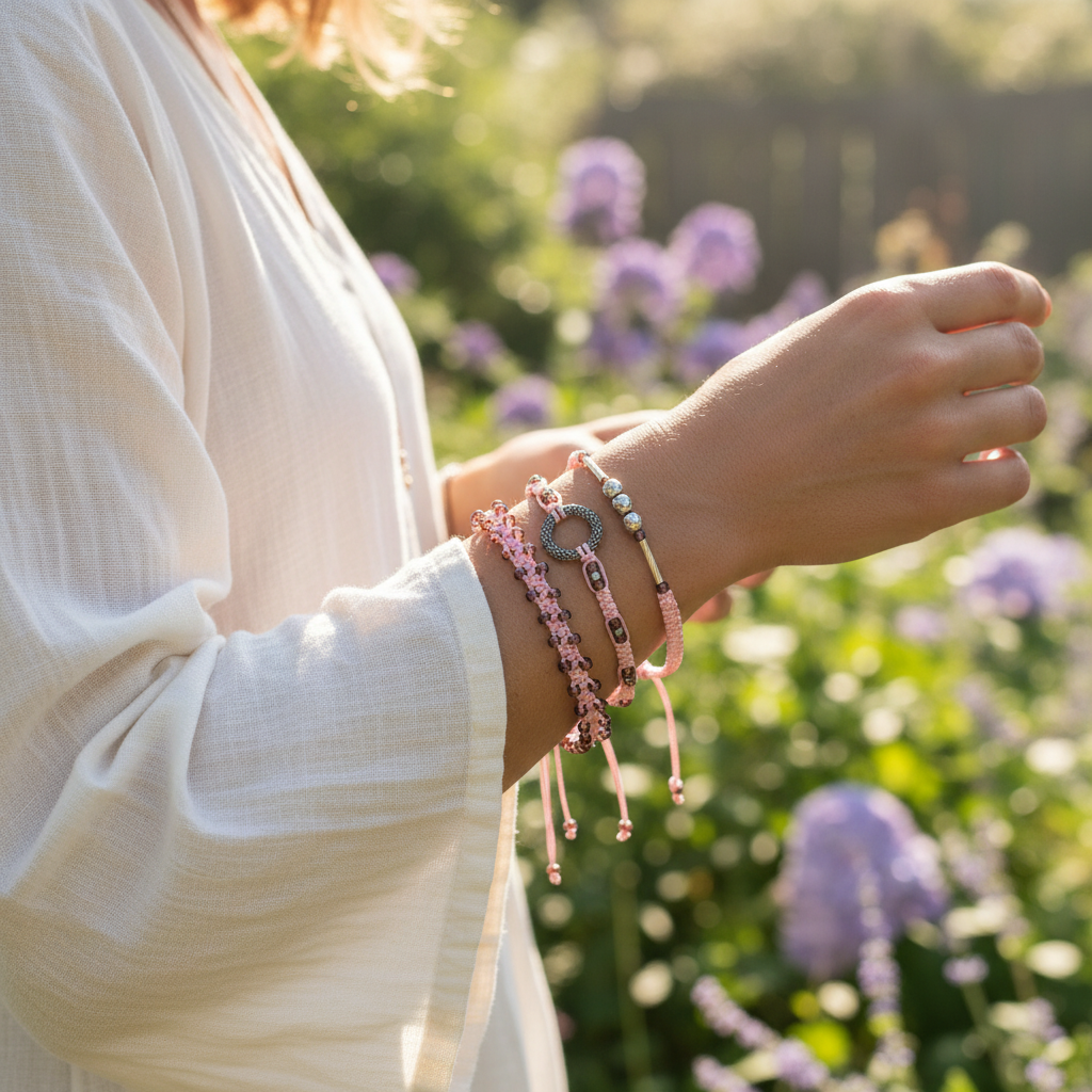 A woman wearing a flowy white top in a sunlit garden displays three stacked pink macrame bracelets on her wrist, featuring cranberry seed beads and silver-tone metal accents including a decorative ring charm, with soft purple flowers and green foliage in the background.