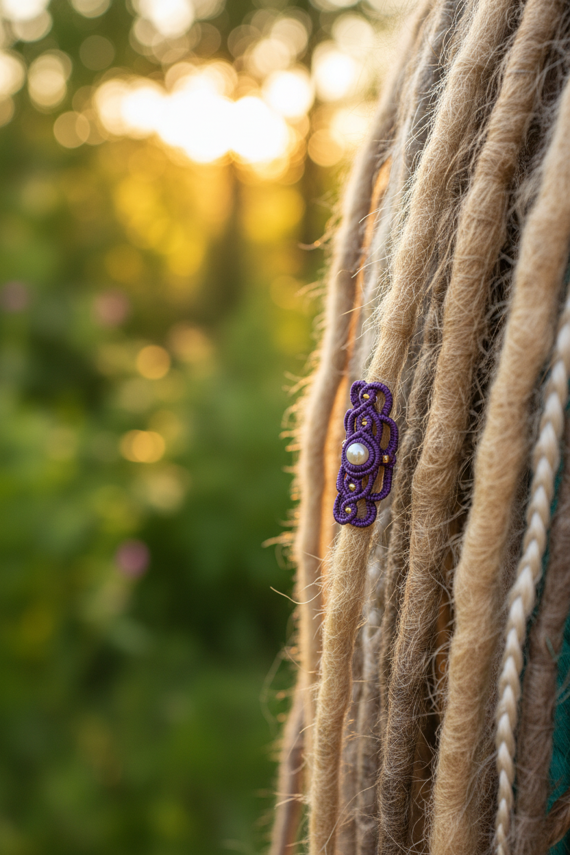 A close-up lifestyle photo of blonde dreadlocks in an outdoor golden hour setting with lush greenery, featuring a handmade purple macrame dreadlock bead with intricate lattice knotwork, a natural white shell pearl, and gold seed beads, fitted on a single loc