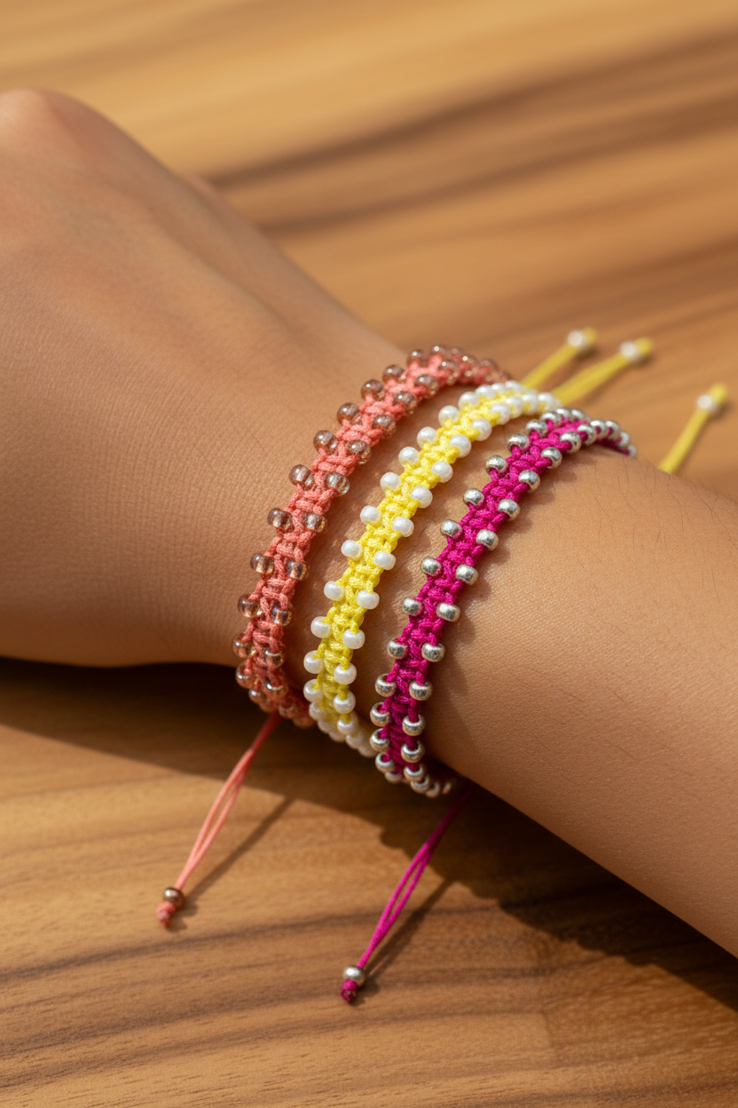 A person's wrist resting on a warm wooden surface, wearing three stacked handmade macrame bracelets in coral, pale yellow, and magenta with seed beads.  Bracelets all sold separately.