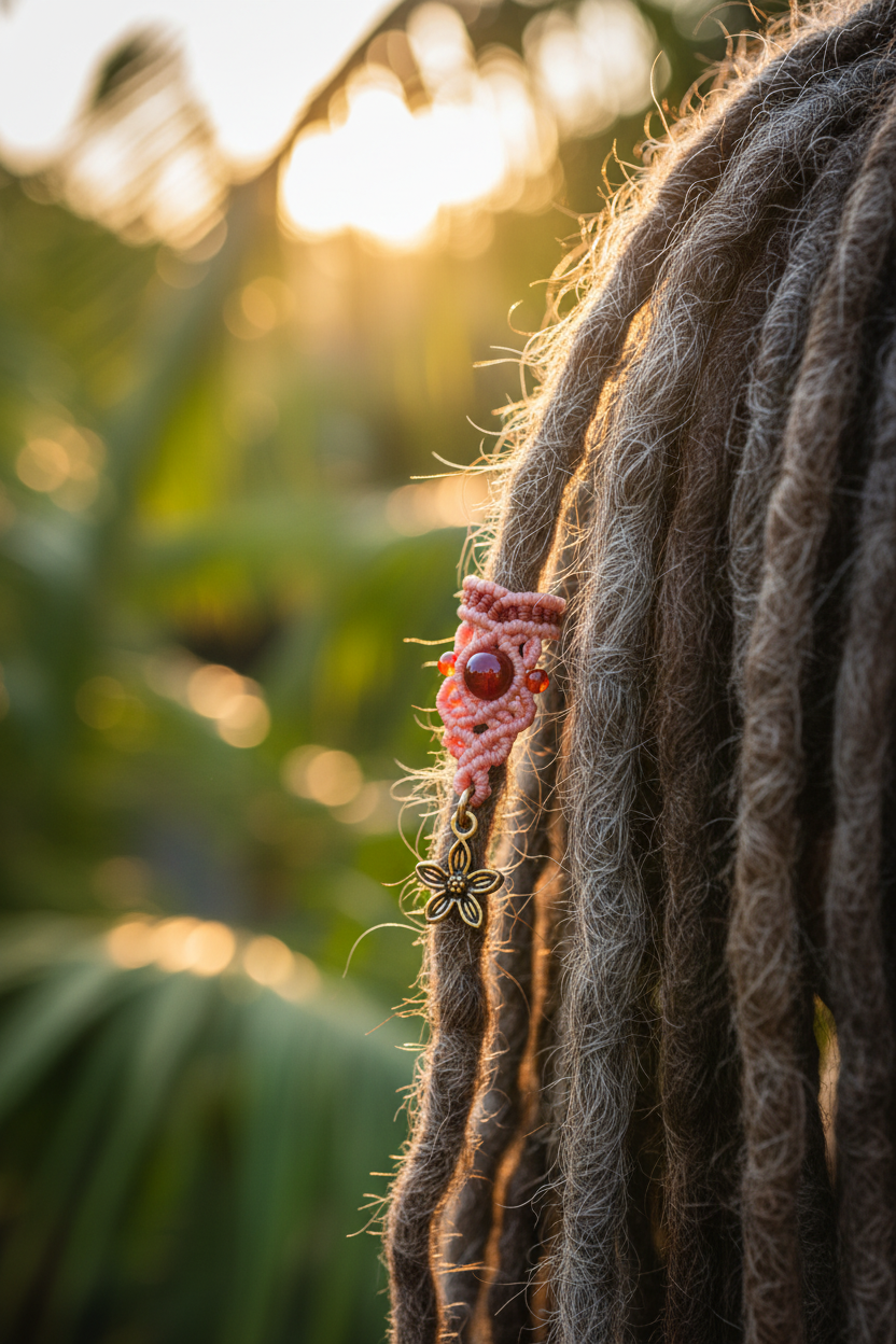 A close-up lifestyle photo of salt and pepper dreadlocks in an outdoor golden hour boho setting with lush greenery, featuring a handmade two-tone coral and rust macrame dreadlock bead with drop knotwork, a deep red carnelian bead, and a dangling brass flower charm, fitted on a single loc.