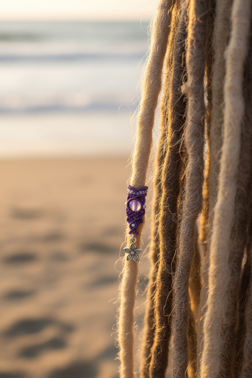 A close-up lifestyle photo of blonde dreadlocks at a boho beach setting with golden hour light and ocean in the background, featuring a handmade two-tone purple and lavender macrame dreadlock bead with a shimmering mermaid glass bead, pearlescent white seed beads, and a dangling silver-tone flower charm fitted on a single loc.