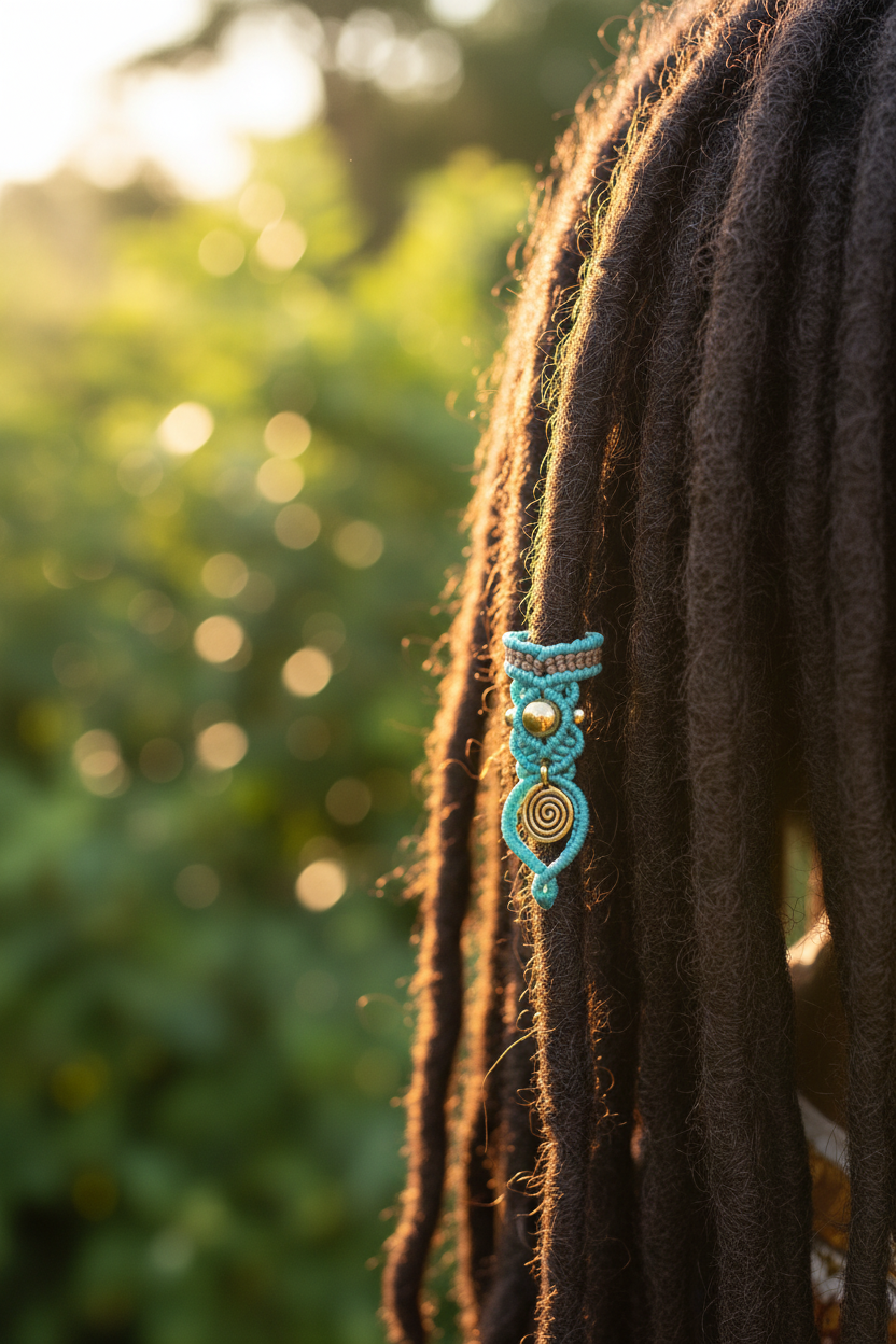 A close-up lifestyle photo of brunette dreadlocks in an outdoor golden hour boho setting with lush greenery, featuring a handmade two-tone teal and light brown macrame dreadlock bead with drop knotwork, a warm brass accent bead, and a dangling brass spiral charm, fitted on a single loc.